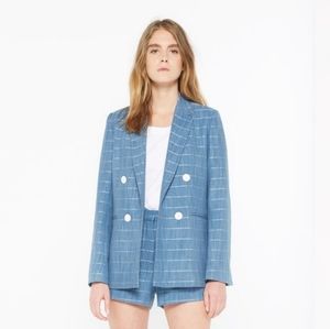 Sandro Vilette Light Blue Blazer Double Plaid Checkered
